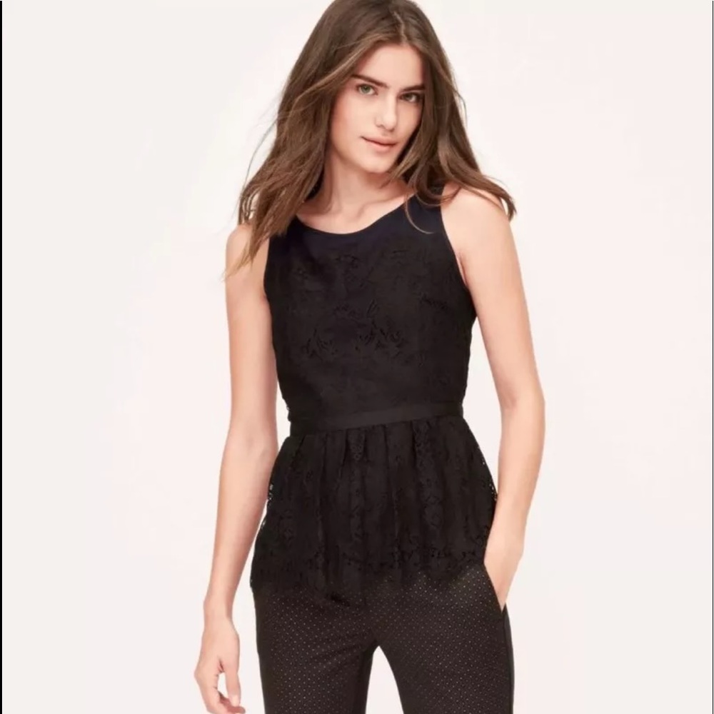 LOFT Navy/Black Lace Scallop Peplum Shell Blouse